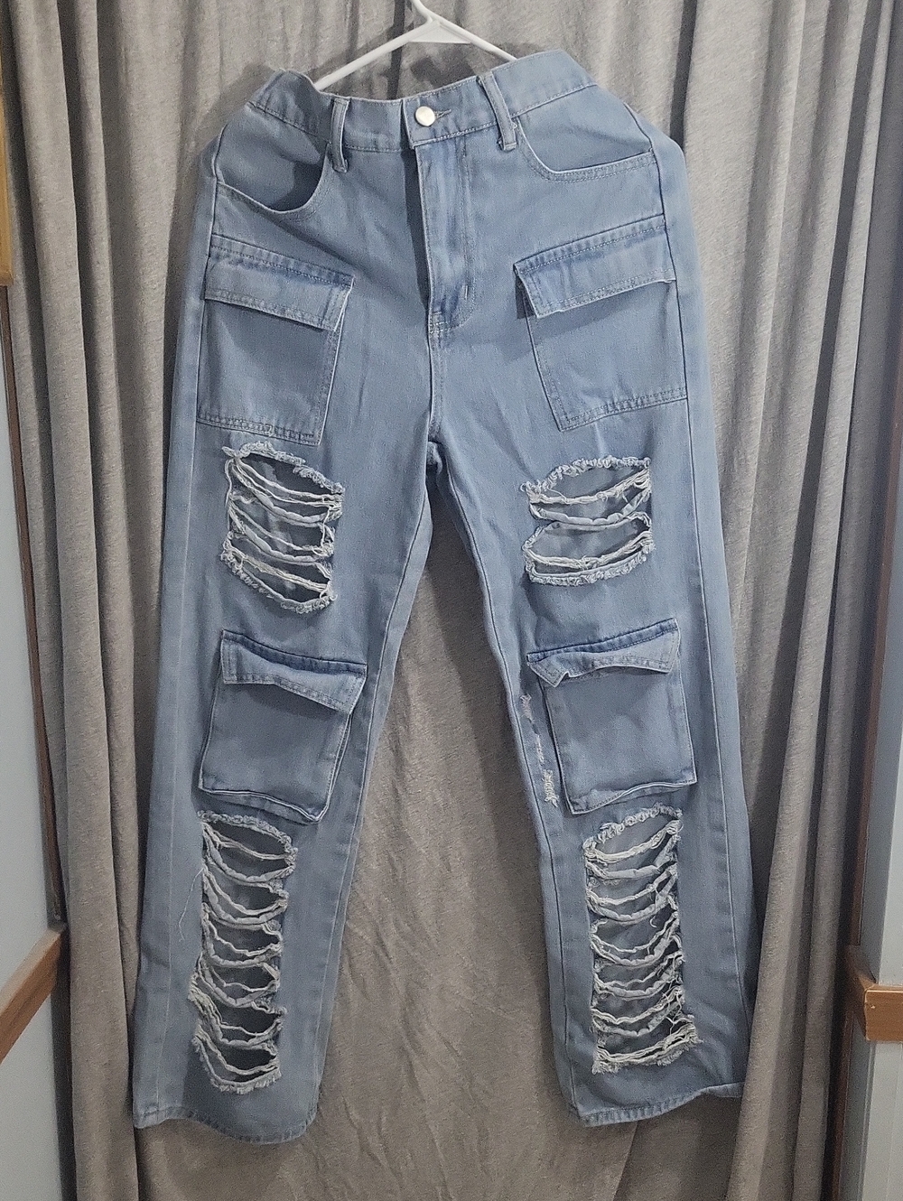 Light Blue Heavily Distressed Cargo Jeans